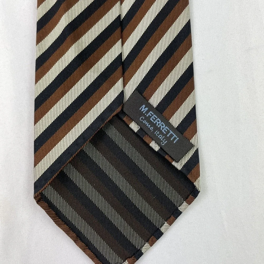 M Ferretti Mens Silk Tie Brown White Blue Striped 3 Inch Width Made in Italy NWT
